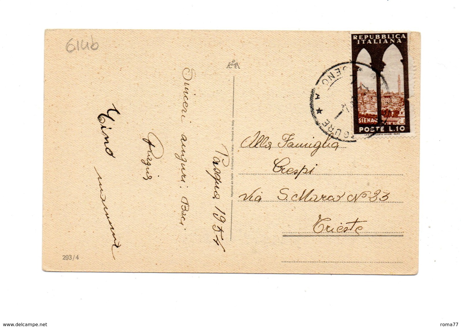 MK614b - ITALIA 1954 , 10 Lire Turismo Isolato Su Cartolina Buona Pasqua . Difettoso - 1946-60: Storia Postale