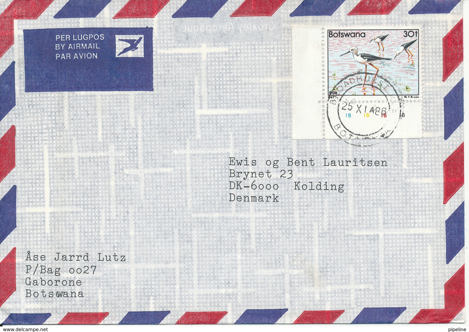 Botswana Air Mail Cover Sent To Denmark 25-11-1986 Single Franked BIRD - Botswana (1966-...)