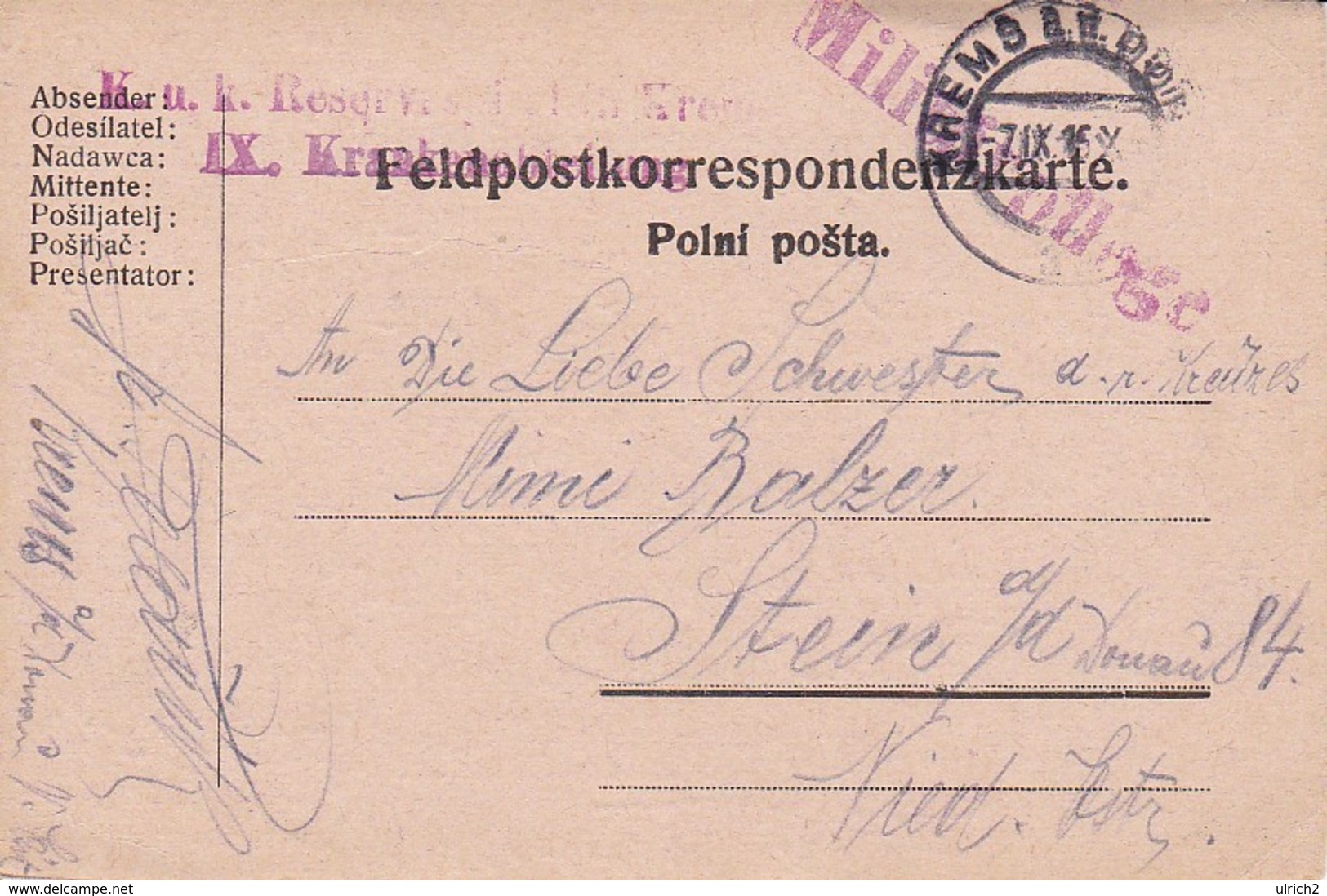 Feldpostkarte - K.u.k. Reservespital Krems, IX. Krankenabteilung - 1915 (34576) - Briefe U. Dokumente
