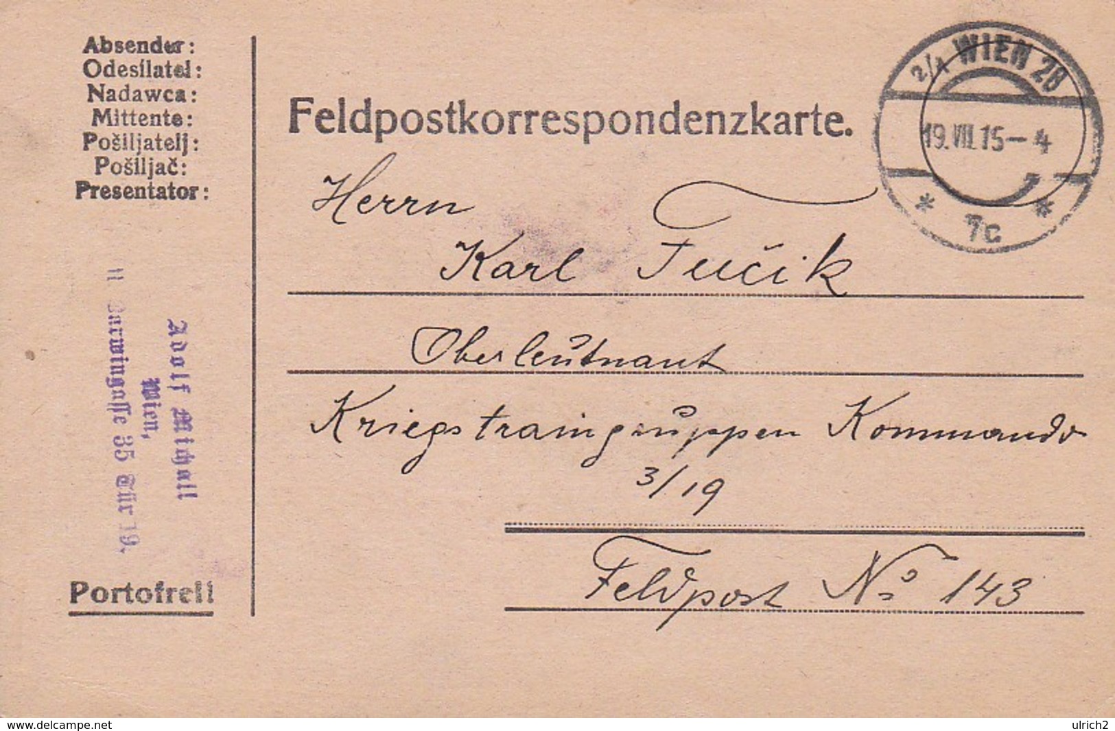 Feldpostkarte - Wien An Kriegstraingruppen Kommando - 1915 (34578) - Briefe U. Dokumente