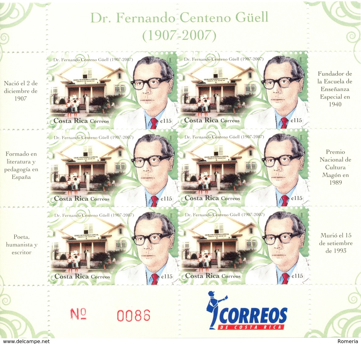 Costa Rica - 2008 - Yt 856 En PF - Personnalité - Dr. Fernando Centeno Güell - ** - Costa Rica