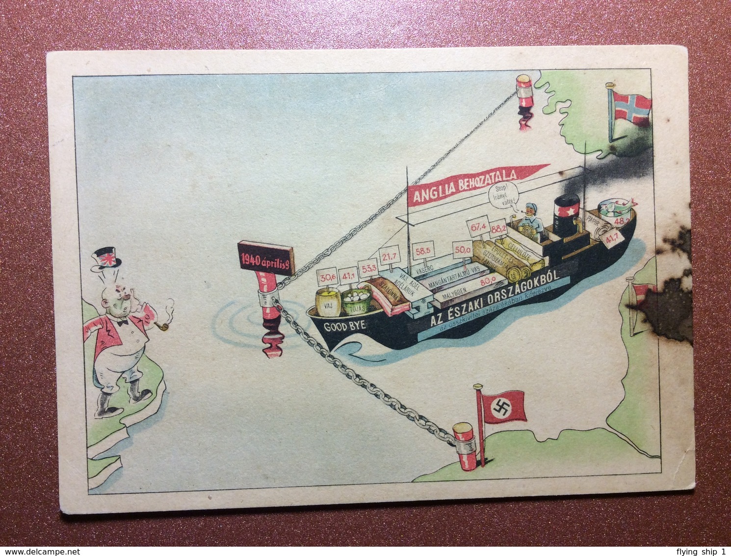 Ultra Rare! Vintage Postcard 1940s Kariktura Nazi Germany Blockade Import England From East. Flag  Swastika - Guerra 1939-45