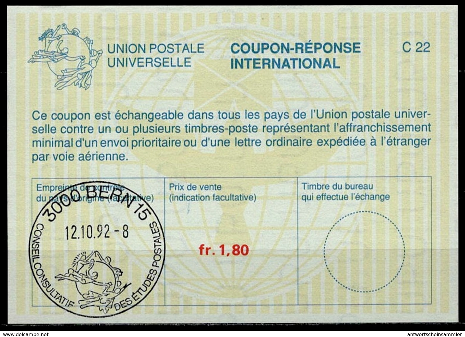 UPU BERN / WELTPOSTVEREIN Intern. Reply Coupon Reponse Antwortschein IRC La26A  1,40 FRANC  3000 BERN 15  Special Cancel - U.P.U.