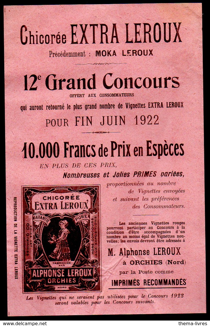Orchies (59 Nord) Prospectus Concours CHICOREE LEROUX 1922 (PPP8620) - Publicités