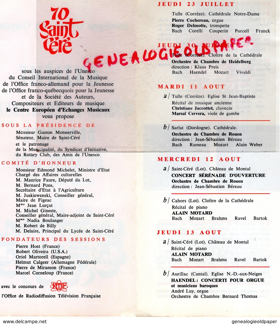 46- ST SAINT CERE-PROGRAMME ONZIEME 11 SESSION INTERNATIONALE MUSIQUE-11-23 AOUT 1970- TULLE-SARLAT-CAHORS-MURAT-CORDES- - Programs