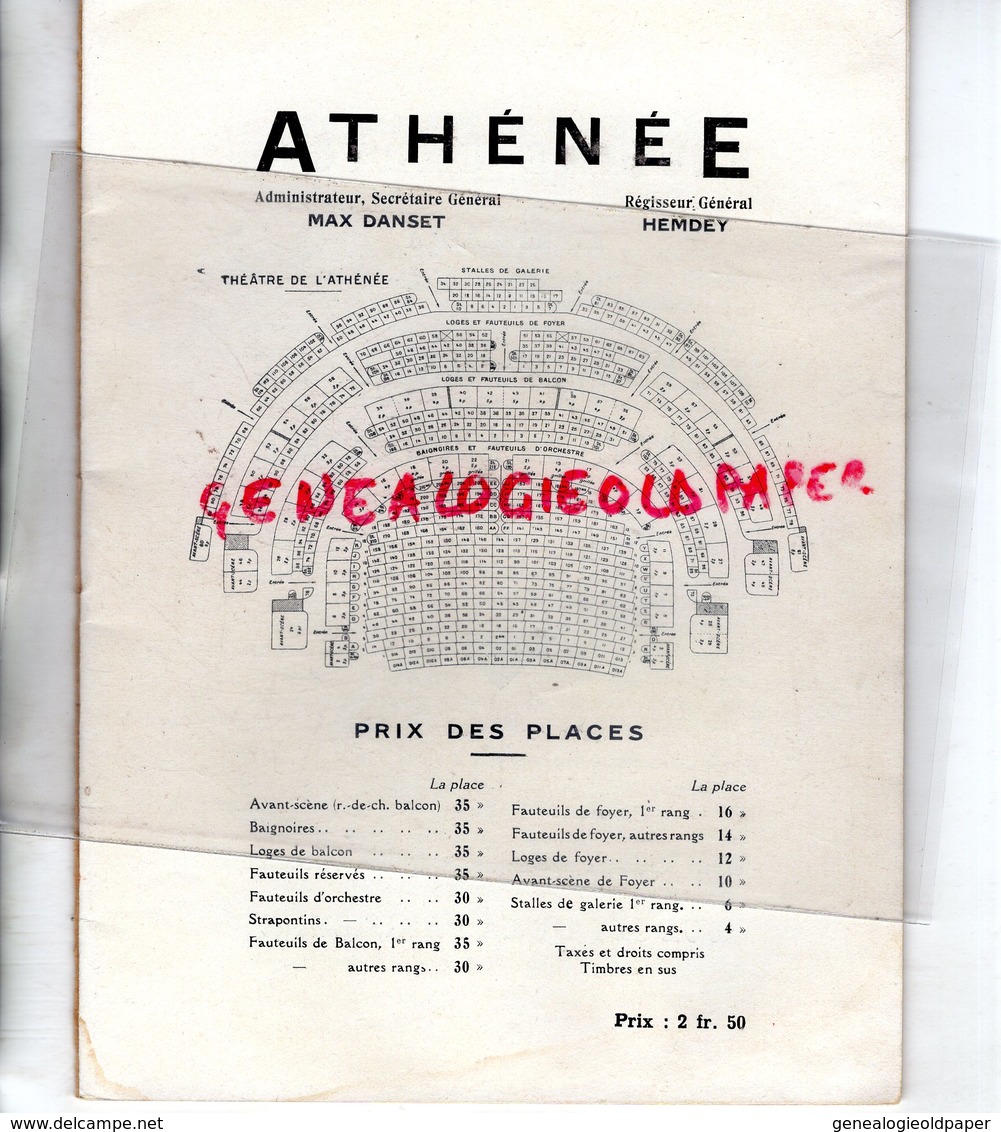 75- PARIS- PROGRAMME THEATRE ATHENEE- LE PARADIS PERDU-PAUL GAVAULT-MAURICE ESCANDE-PAULINE CARTON-PALAU-JULLIEN-DUFLOS- - Programma's