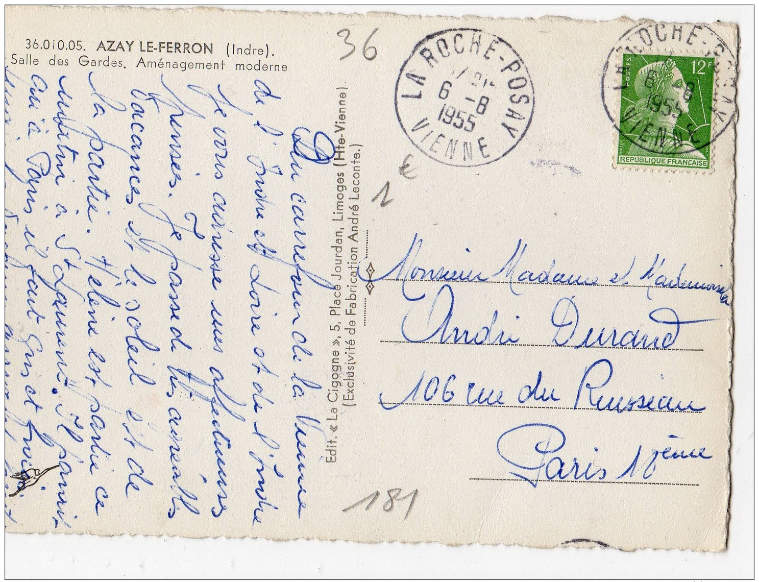 Marianne Muller 12f Vert Jaune Seul Sur Carte 1955 N° YT 1010, Cachet A4 LA ROCHE-POSAY VIENNE, Carte AZAY LE FERRON Ind - 1921-1960: Période Moderne