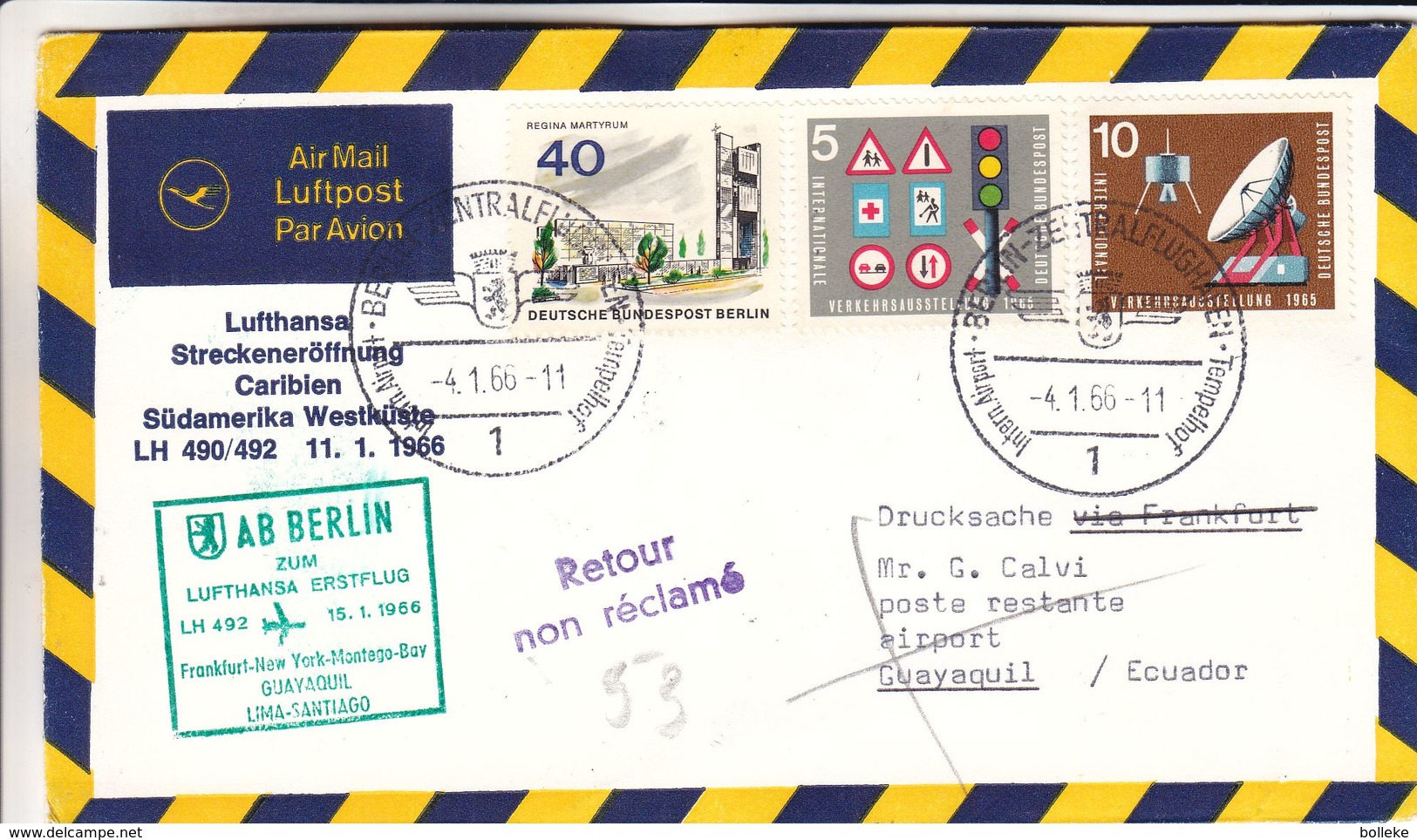 Berlin - Lettre De 1966 - Oblit Berlin - 1er Vol Frankfurt New York Montego Guayaquil - Espace - Signalisation - Briefe U. Dokumente