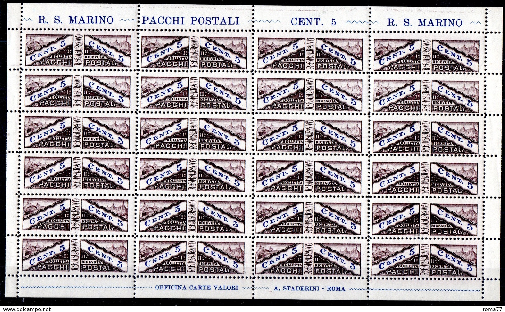 BIG - SAN MARINO 1928 , Pacchi Postali Il 5 Cent In Foglio Da 24 Pezzi Integro . Leggera Apertura In Basso 2 Colonna *** - Parcel Post Stamps