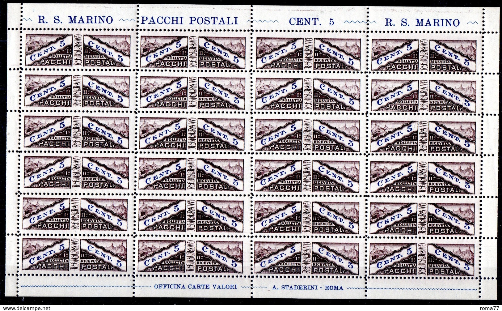 BIG - SAN MARINO 1928 , Pacchi Postali Il 5 Cent In Foglio Da 24 Pezzi Integro . Leggera Apertura In Basso 2 Colonna *** - Paquetes Postales