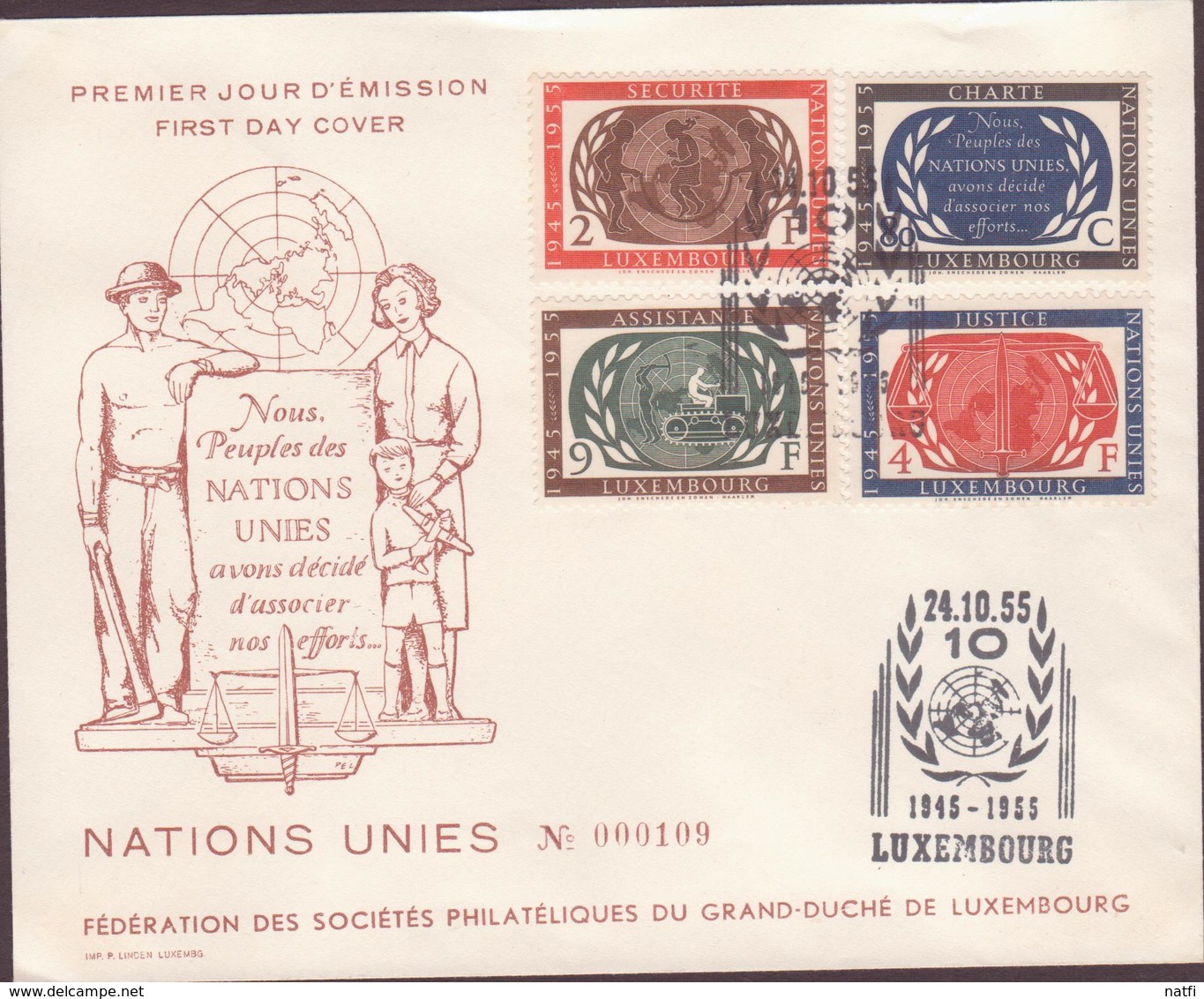 ENVELOPPE  TIMBRE  N° 1955 NOUS PEUPLES DES NATIONS UNIES AVONS DECIDE D'ASSOCOER NOS EFFORTS  (GDluxembourg  VOIR PHOTO - FDC