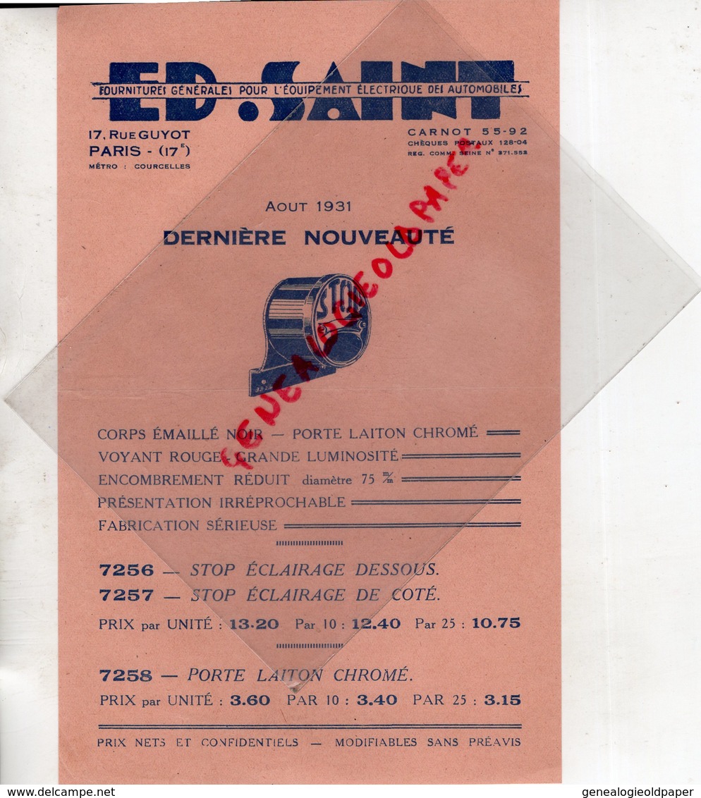 75- PARIS- RARE PUBLICITE ED. SAINT- FOURNITURES AUTO MOTO- AUTOMOBILE- 17 RUE GUYOT- AOUT 1931- VOYANT STOP ECLAIRAGE - Werbung