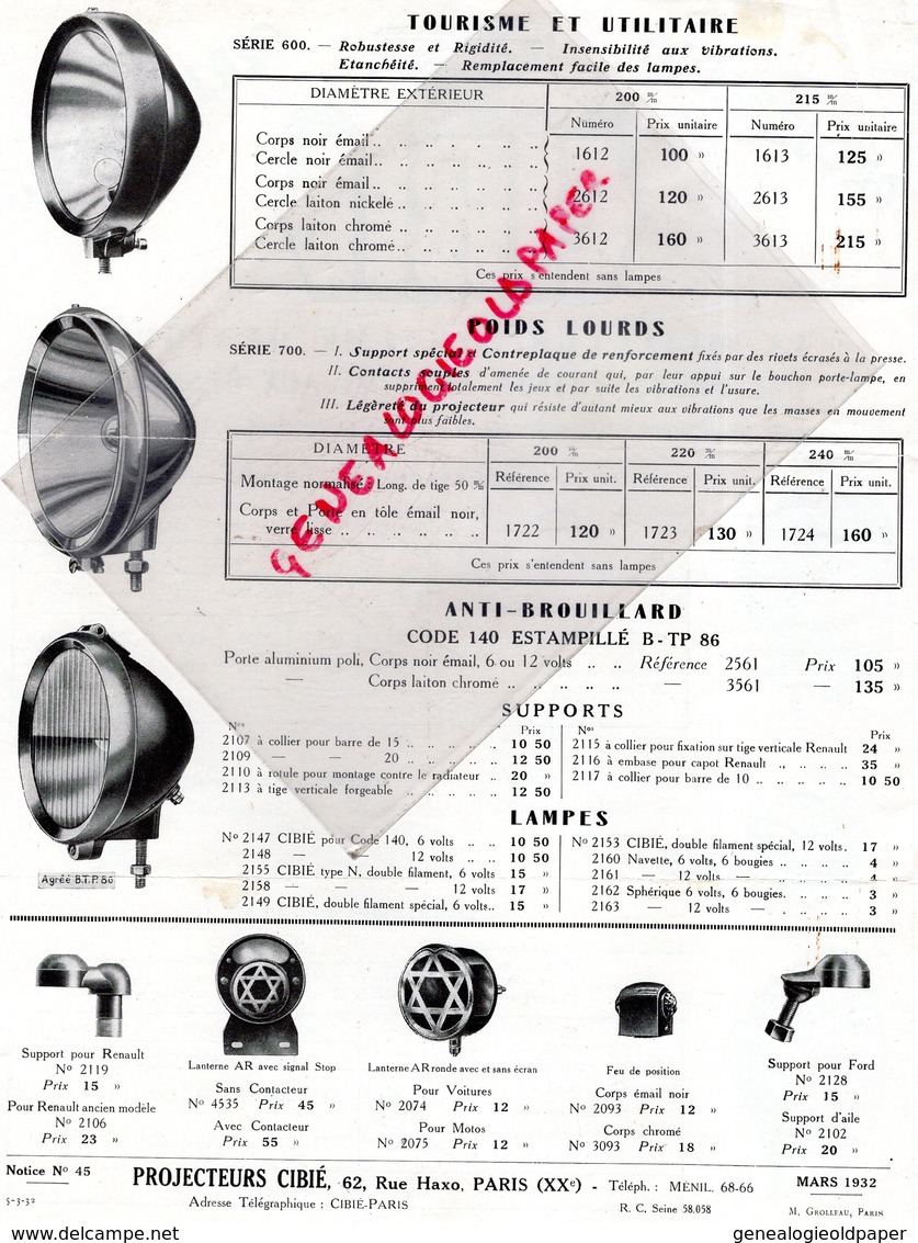 75- PARIS- RARE PUBLICITE PROJECTEURS CIBIE-62 RUE HAXO-MARS 1932- ECLAIRAGE AUTO MOTO- LANTERNE PROJECTEUR ECLAIRAGE - Pubblicitari