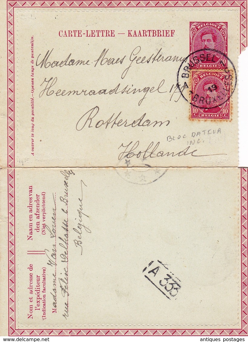 Carte Lettre Entier Postal Bruxelles Belgique 1919 Rotterdam Nederland - Cartes Postales 1909-1934