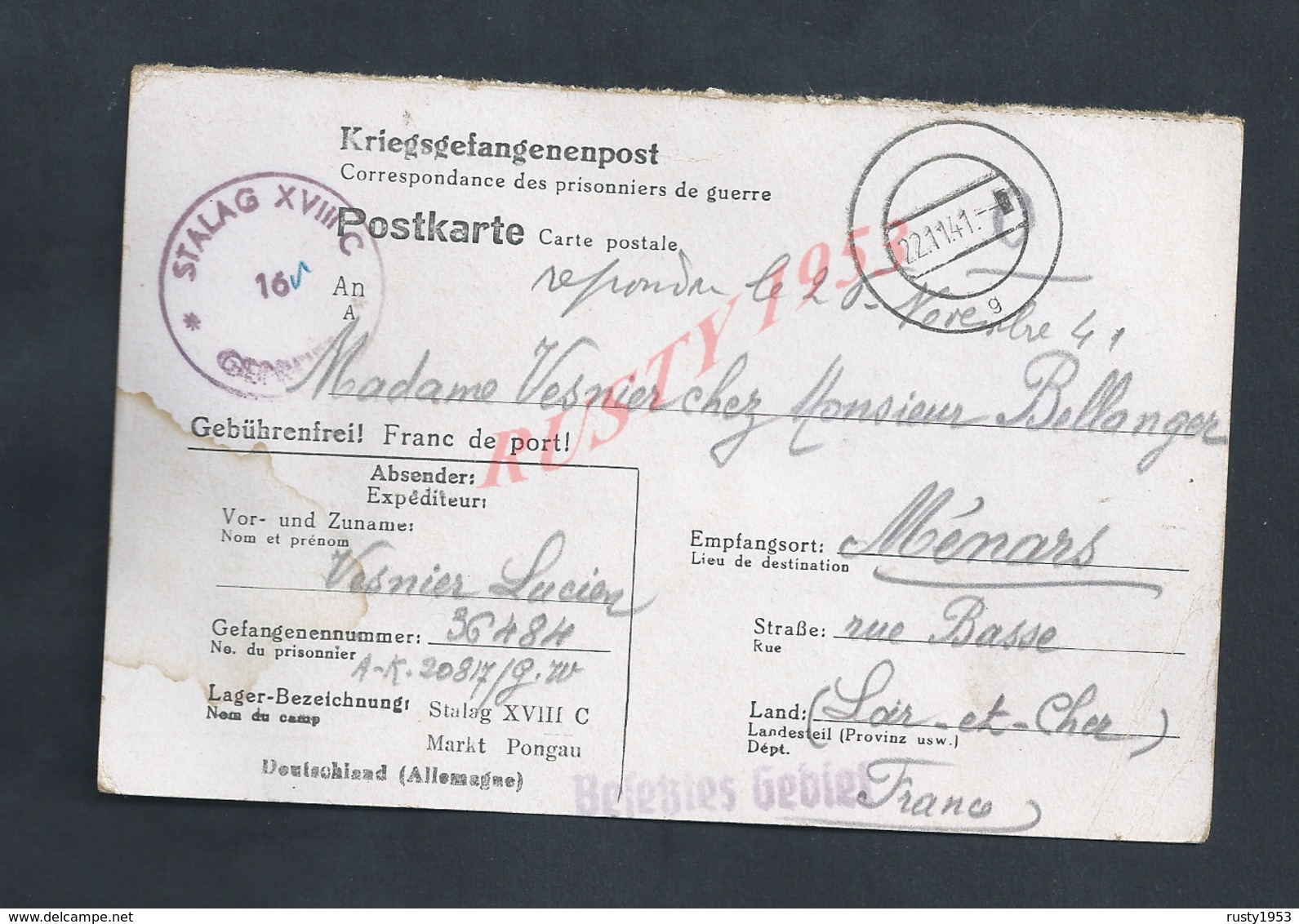 MILITARIA CARTE CORRESPONDANCE EN FRANCHISE MILITAIRE ALLEMAGNE STALAG POUR FAMILLE ( LUCIEN ) VESNIER MÉNARS : - Guerre De 1939-45