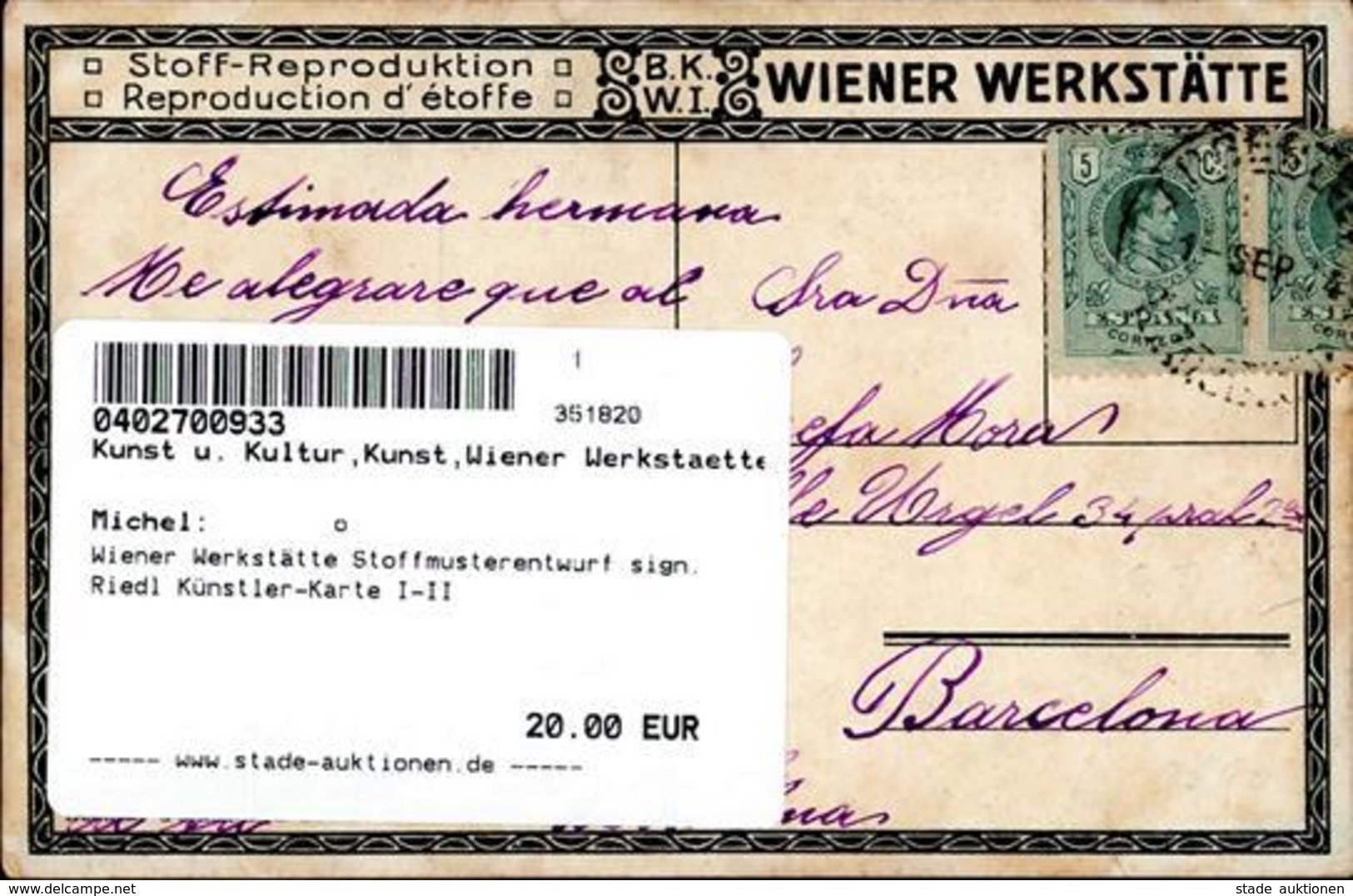 Wiener Werkstätte Stoffmusterentwurf Sign. Riedl Künstler-Karte I-II - Ohne Zuordnung