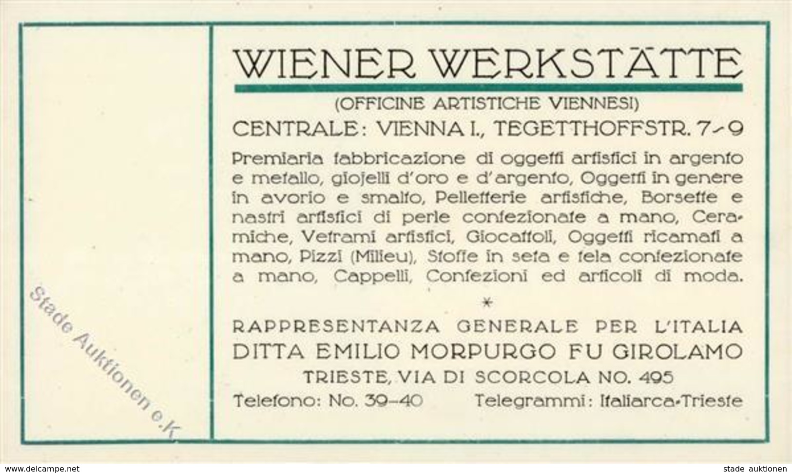 Wiener Werkstätte Visitenkarte Italienische Vertretung Ditta Emilio Morpurgo Fu Girolamo Trieste I- (keine AK) - Unclassified