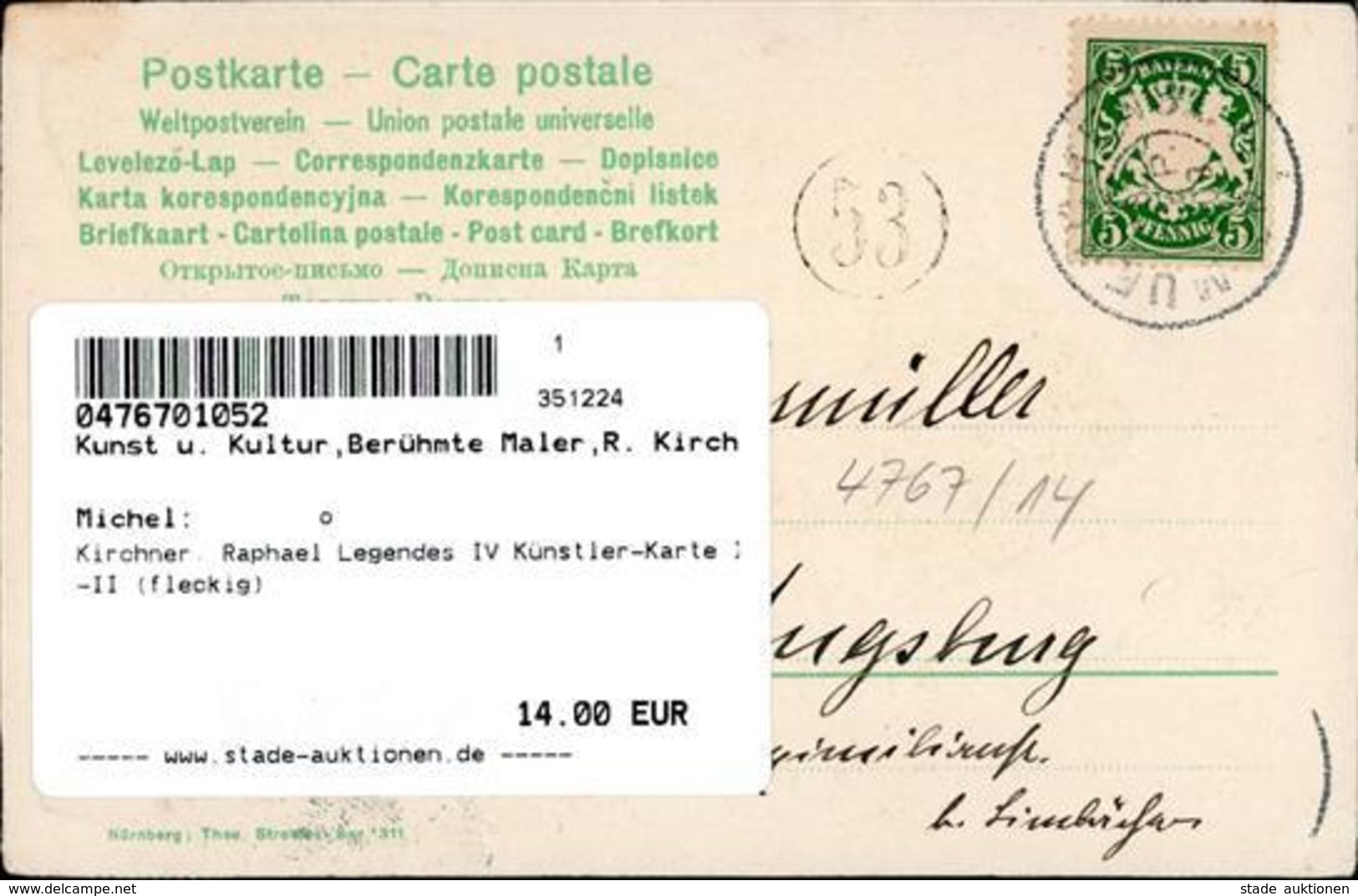 Kirchner, Raphael Legendes IV Künstler-Karte I-II (fleckig) - Kirchner, Raphael