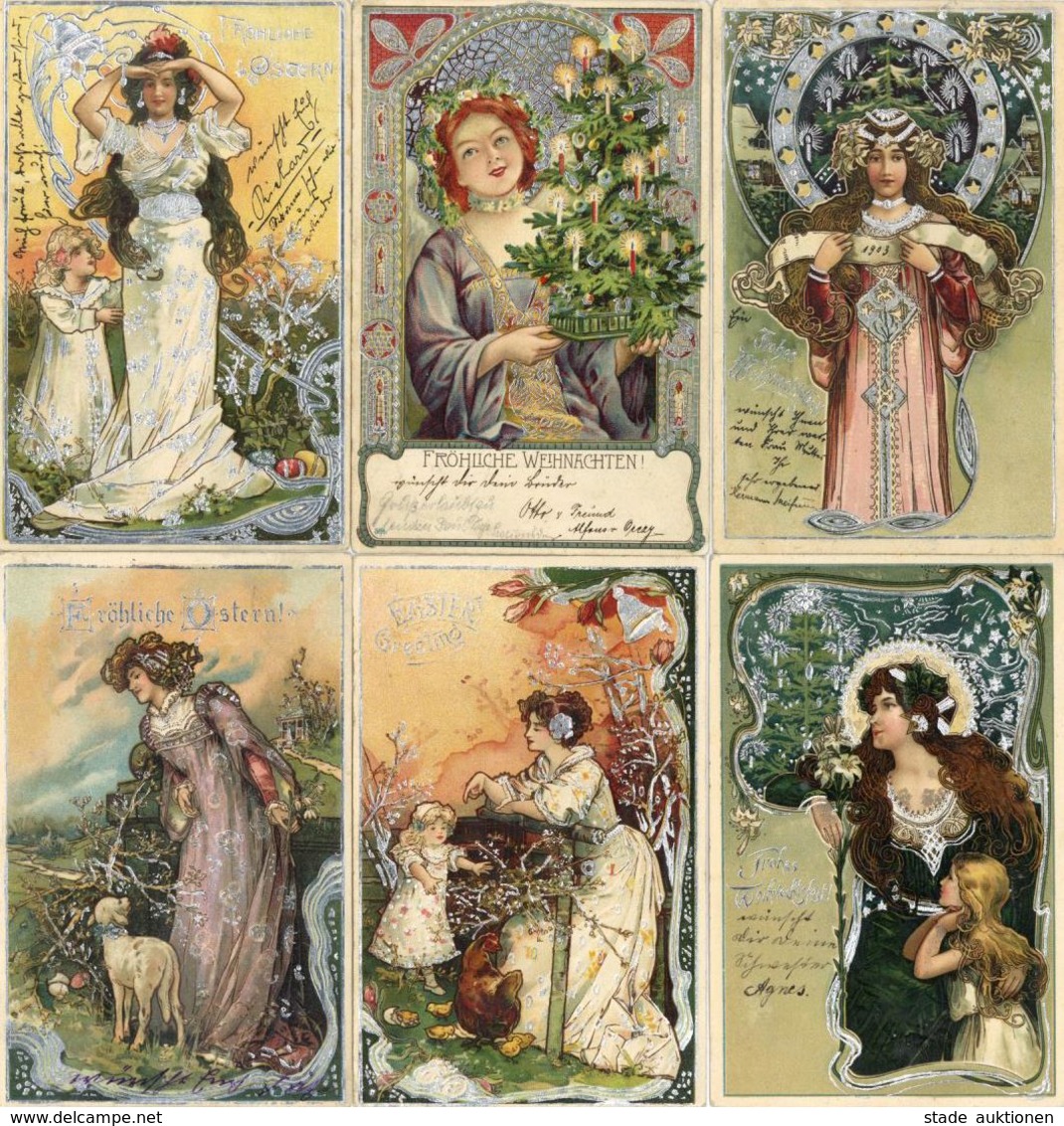 Jugendstil 6'er Serie Präge-Karten I-II Art Nouveau - Ohne Zuordnung