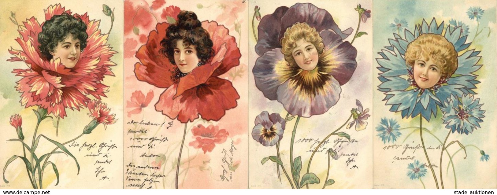 Jugendstil Blüten Mit Frauengesicht 4'er Set I-II Art Nouveau - Ohne Zuordnung