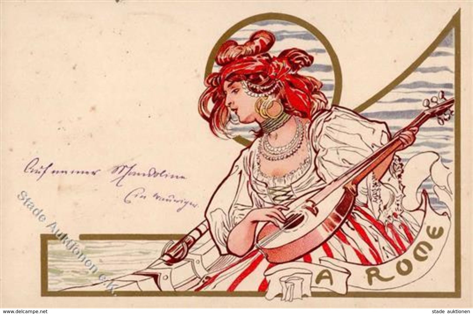 Jugendstil Frau Laute Künstlerkarte I-II (Marke Entfernt, Fleckig) Art Nouveau - Unclassified