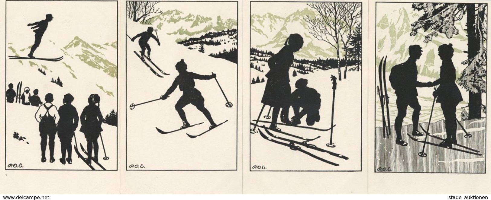 Engelhard ( P.O.E.) Schattenbilder Winter Ski 8'er Set Künstler-Karten I-II - Ohne Zuordnung