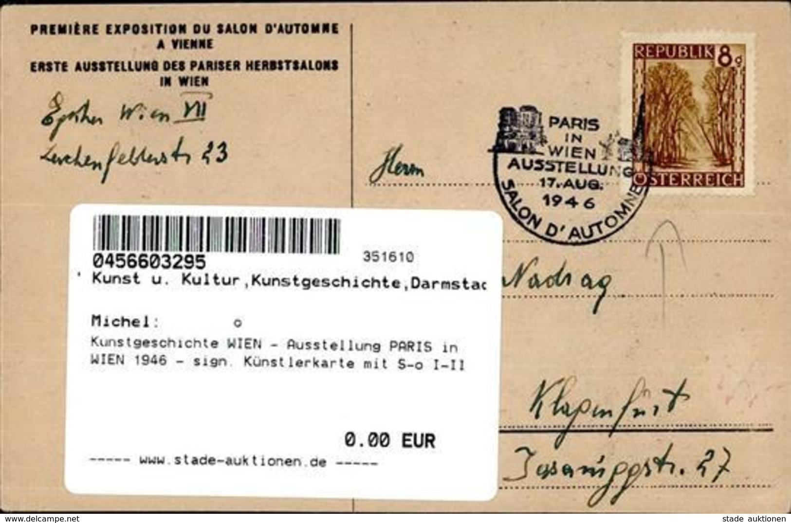 Kunstgeschichte WIEN - Ausstellung PARIS In WIEN 1946 - Sign. Künstlerkarte Mit S-o I-II Expo - Christiansen
