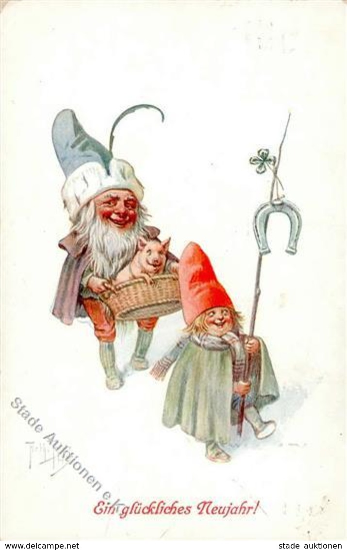Thiele, Arthur Zwerge Schwein Neujahr Künstlerkarte 1915 I-II Cochon Bonne Annee Lutin - Thiele, Arthur