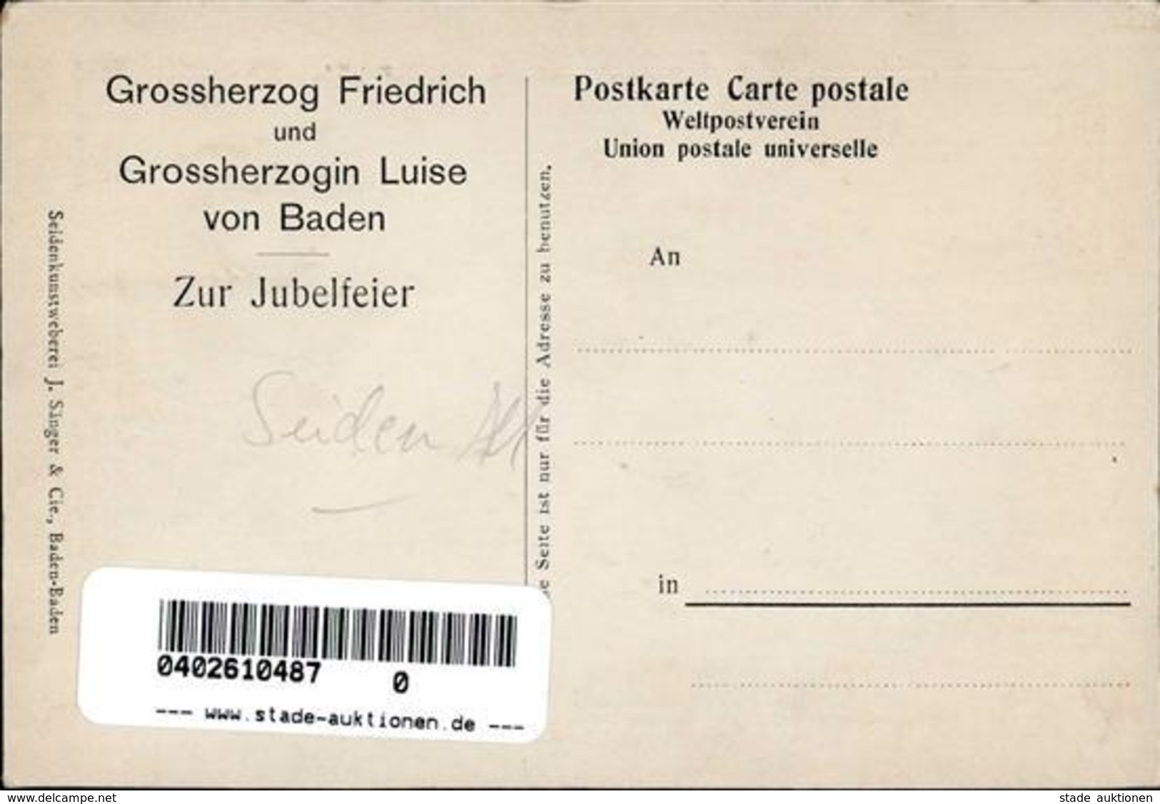 Seide Gewebt Goldene Hochzeit Großherzog Friedrich Und Großherzogin Luise I-II Soie - Unclassified