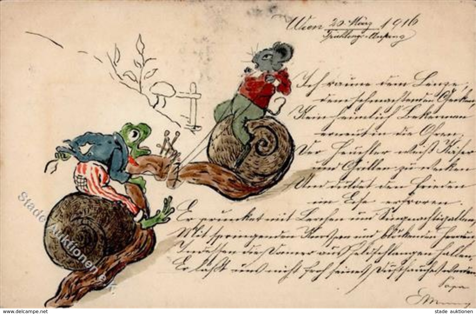 Handgemalt Frosch Maus Schnecken Personifiziert Künstlerkarte 1916 I-II (fleckig) Peint à La Main Grenouille - Ohne Zuordnung