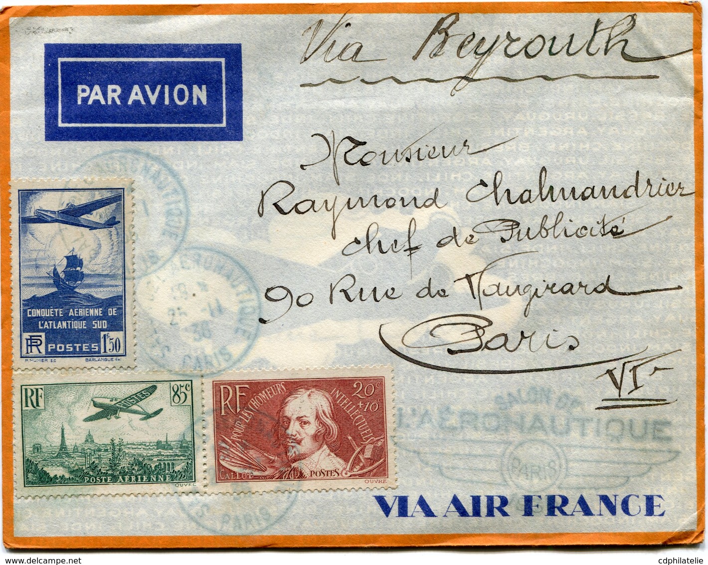 FRANCE LETTRE PAR AVION AVEC CARTE AIR FRANCE DEPART SALON DE L'AERONAUTIQUE 25-11-36 PARIS VIA BEYROUTH POUR LA FRANCE - 1927-1959 Lettres & Documents