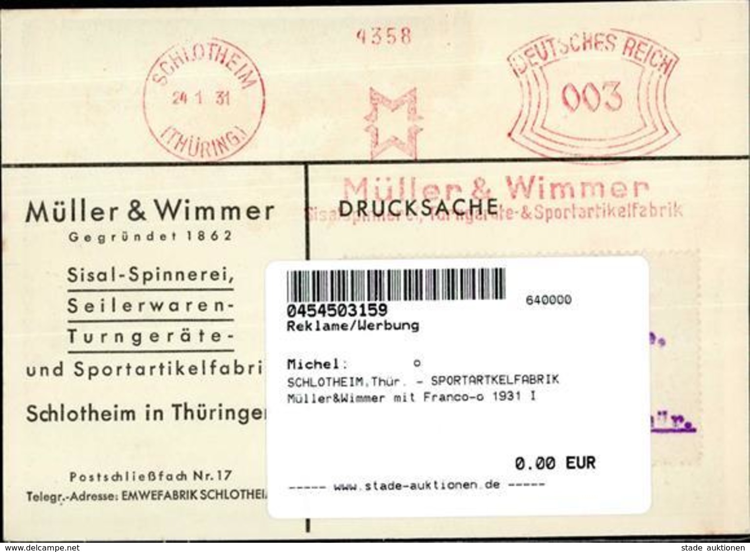 SCHLOTHEIM,Thür. - SPORTARTKELFABRIK Müller&Wimmer Mit Franco-o 1931 I - Werbepostkarten