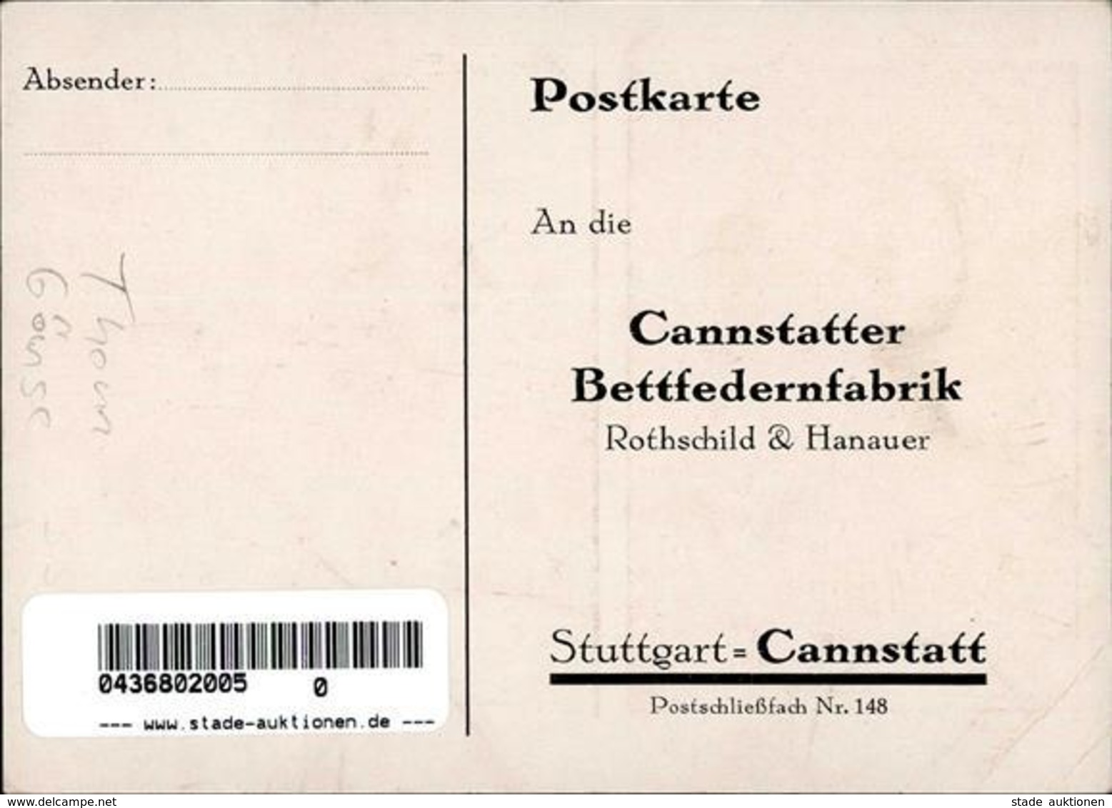 Werbung Bad Cannstatt (7000) Cannstatter Bettfedernfabrik I-II (Eckbug) Publicite - Werbepostkarten