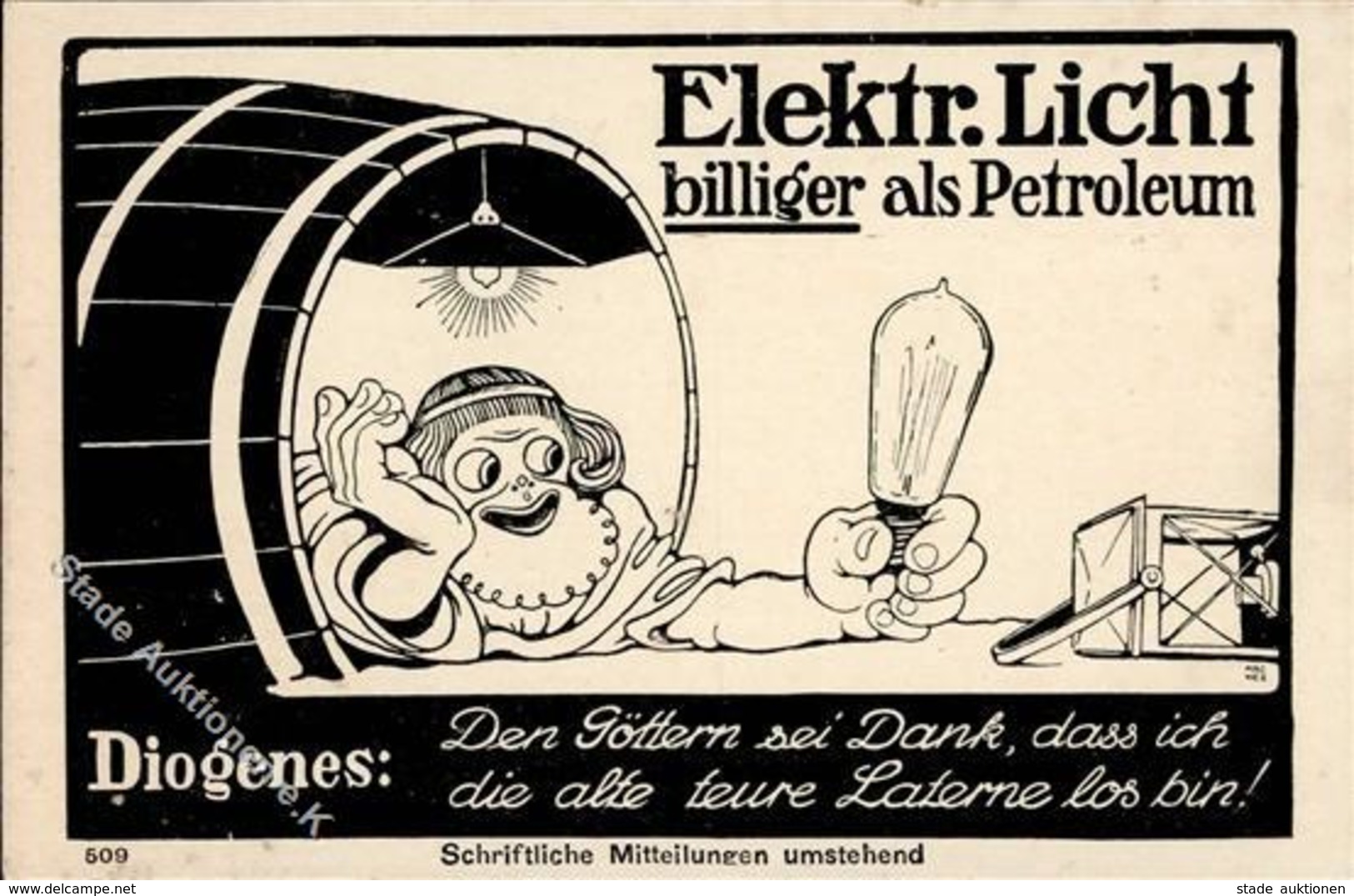 Werbung Sign. Hez, Hac Elektrisches Licht Diogenes Karikatur  Künstlerkarte I-II Publicite - Publicité