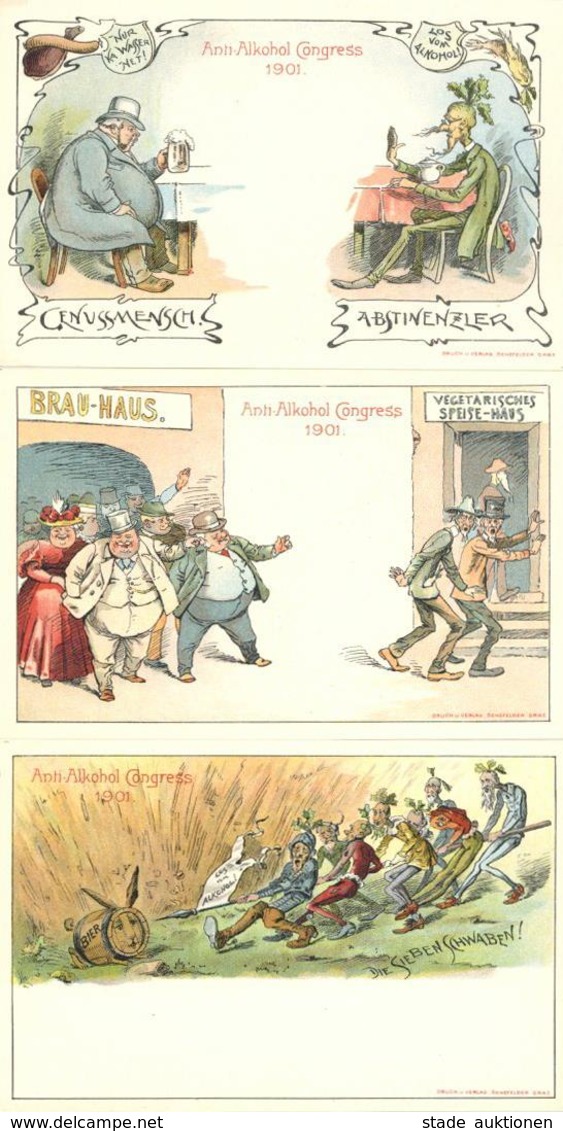 Alkohol Anti-Alkohol 3'er Set Anti-Alkohol Congress 1901 Künstler-Karte I- - Pubblicitari