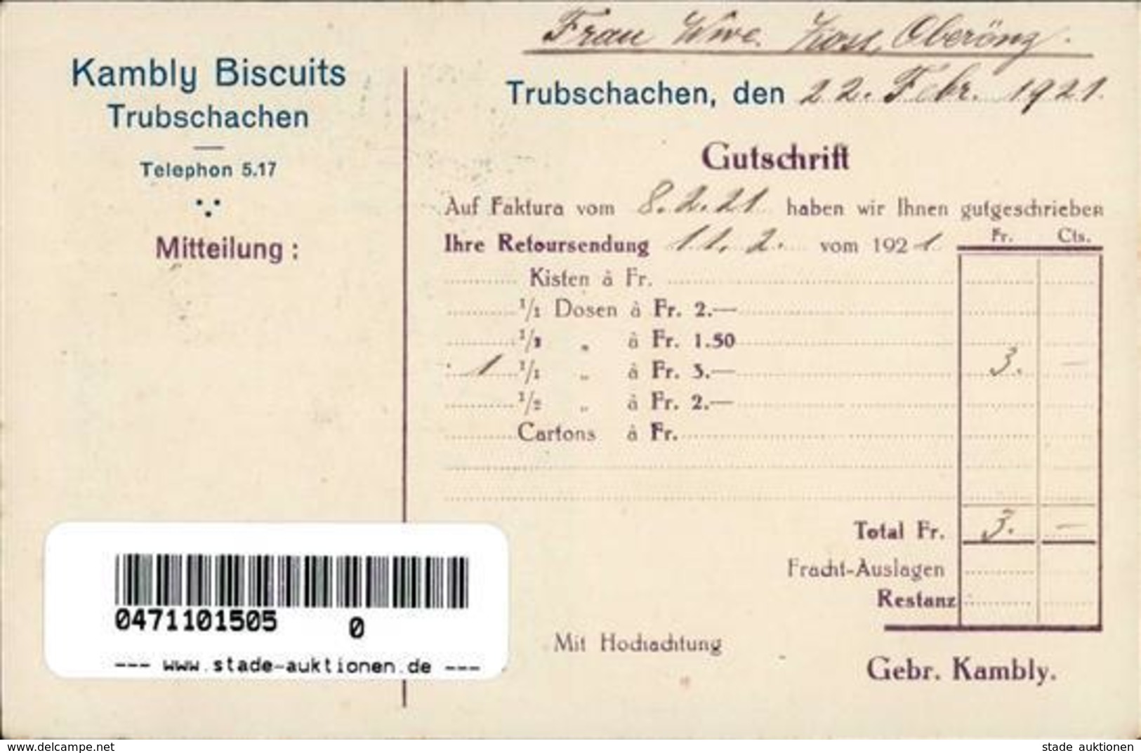 Lebensmittel Trubschachen Schweiz Kambly Biscuits Nota I-II - Werbepostkarten