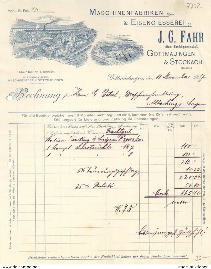 Landwirtschaft Traktoren J. G. Fahr Gottmadingen Schön Illustrierte Rechnung 1907 I-II Paysans - Exhibitions