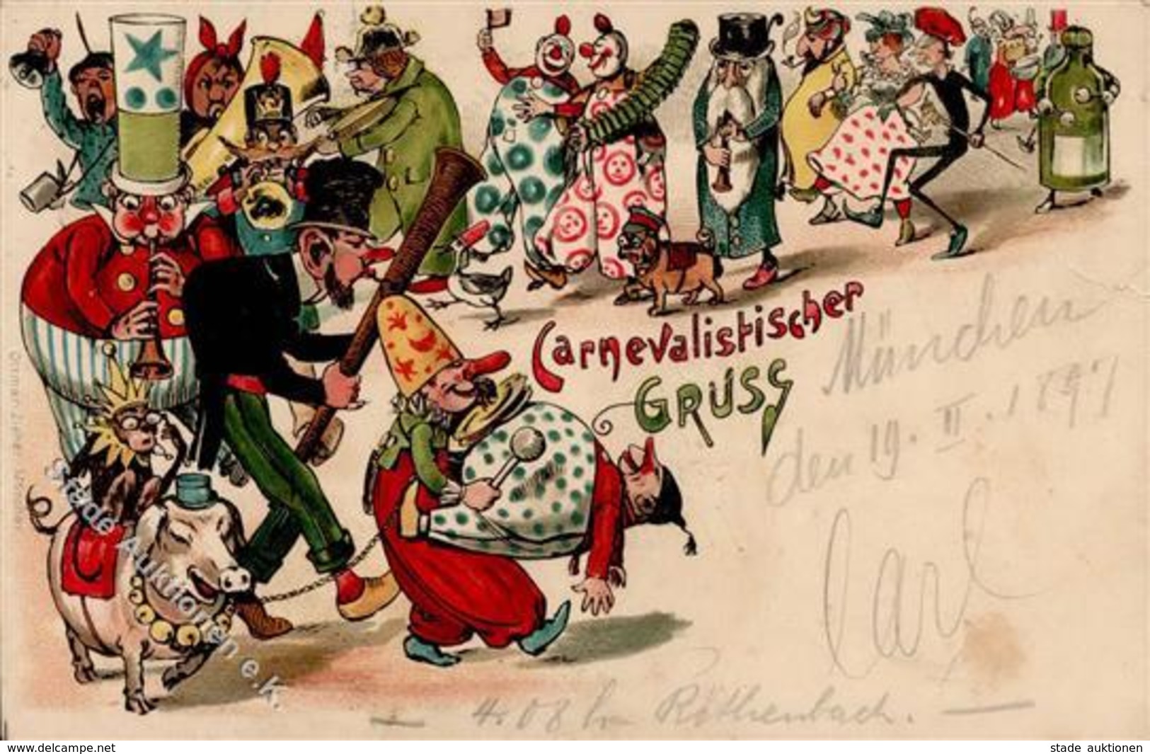 Karneval Schwein Clown  Lithographie 1897 II (Stauchung) Cochon - Expositions