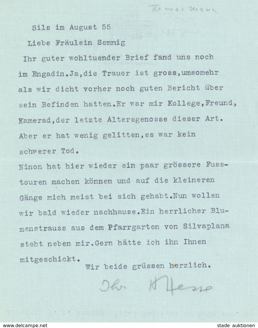 Schriftsteller Hesse, Herman 1 Foto-Karte Und 1 Kondolenzbrief Zum Tod Von Thomas Mann Mit Original Unterschrift I-II - Other & Unclassified