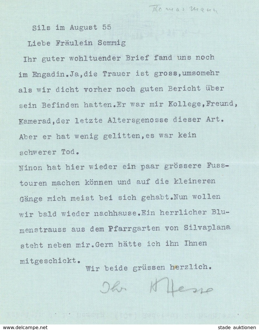 Schriftsteller Hesse, Herman 1 Foto-Karte Und 1 Kondolenzbrief Zum Tod Von Thomas Mann Mit Original Unterschrift I-II - Autres & Non Classés