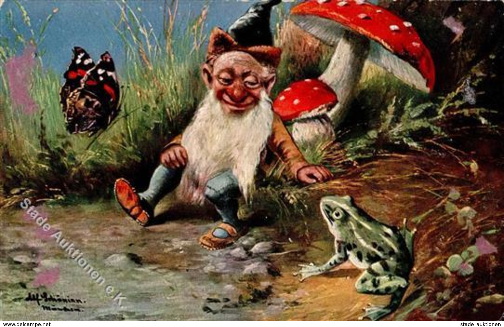 Zwerg Frosch Pilz Sign. Schönian, Alf Künstlerkarte I-II (Ecke Abgestossen) Grenouille Lutin - Märchen, Sagen & Legenden