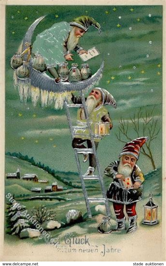 Zwerg Neujahr Präge-Karte I-II (Marke Entfernt) Bonne Annee Lutin - Fairy Tales, Popular Stories & Legends