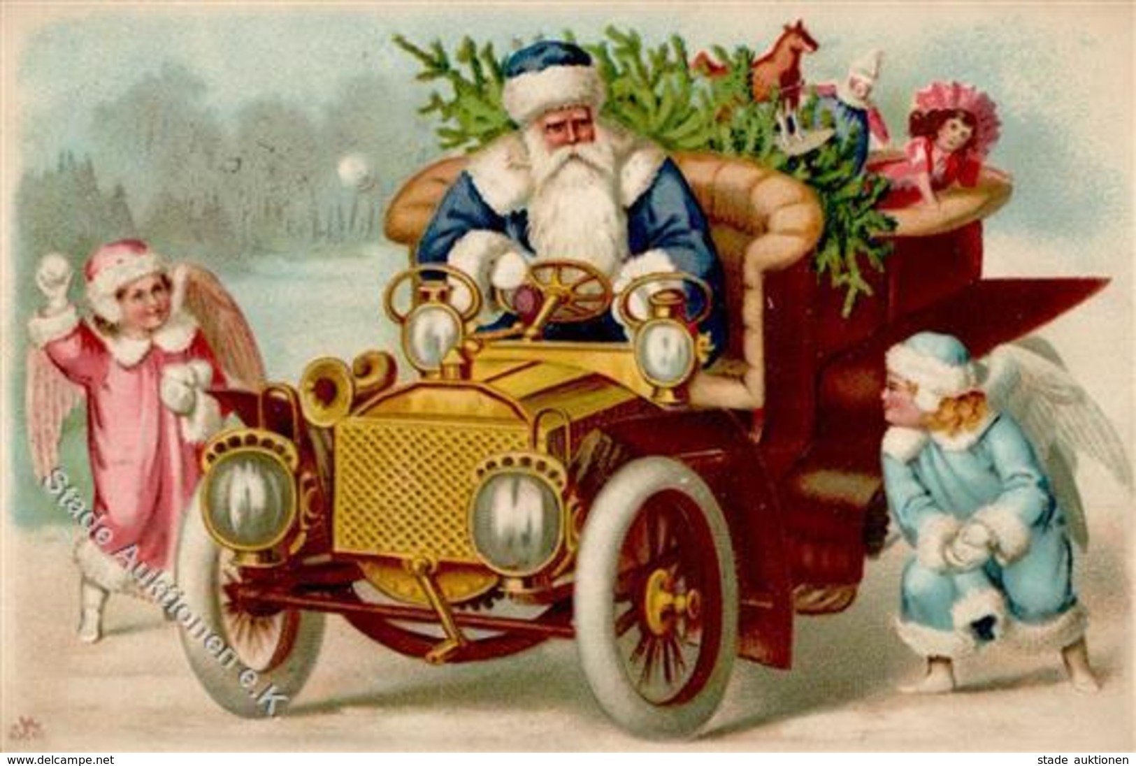 Weihnachtsmann Auto Engel Puppe Spielzeug Präge-Karte 1909 I-II Pere Noel Jouet Ange - Santa Claus