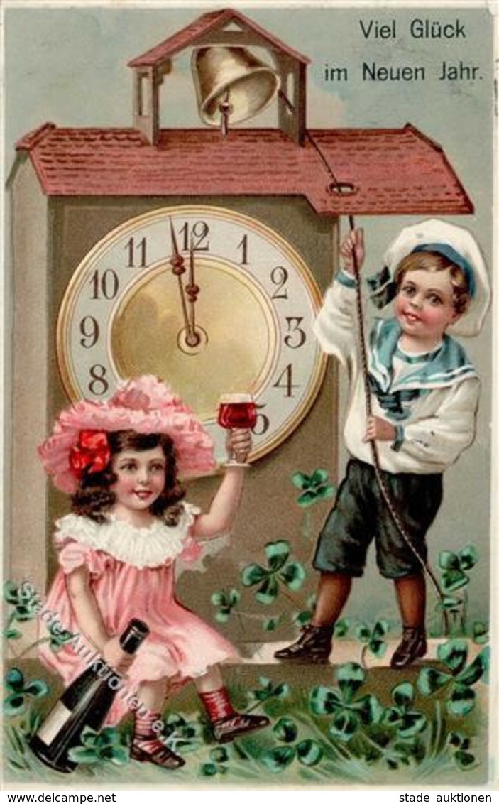 Neujahr Uhr Kinder Wein  Prägedruck 1913 I-II Bonne Annee Vigne - New Year