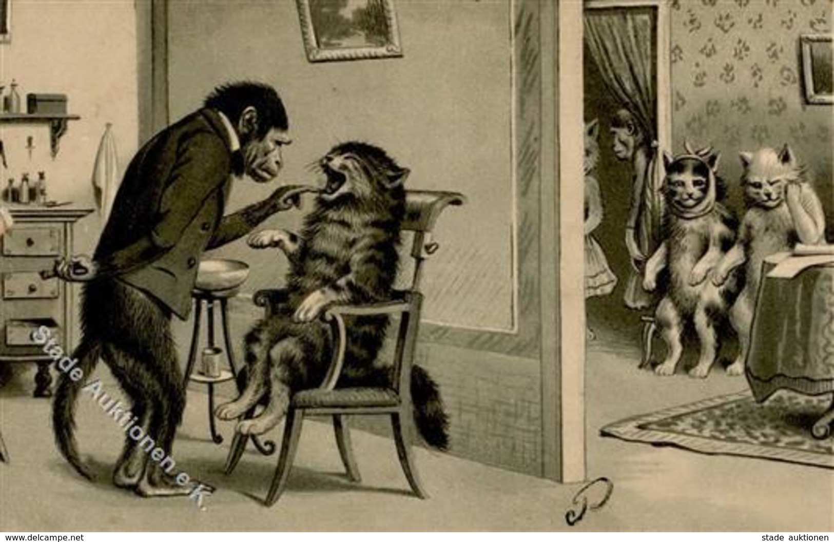 Katze Affe Personifiziert Zahnarzt Präge-Karte 1903 I-II Chat - Chats
