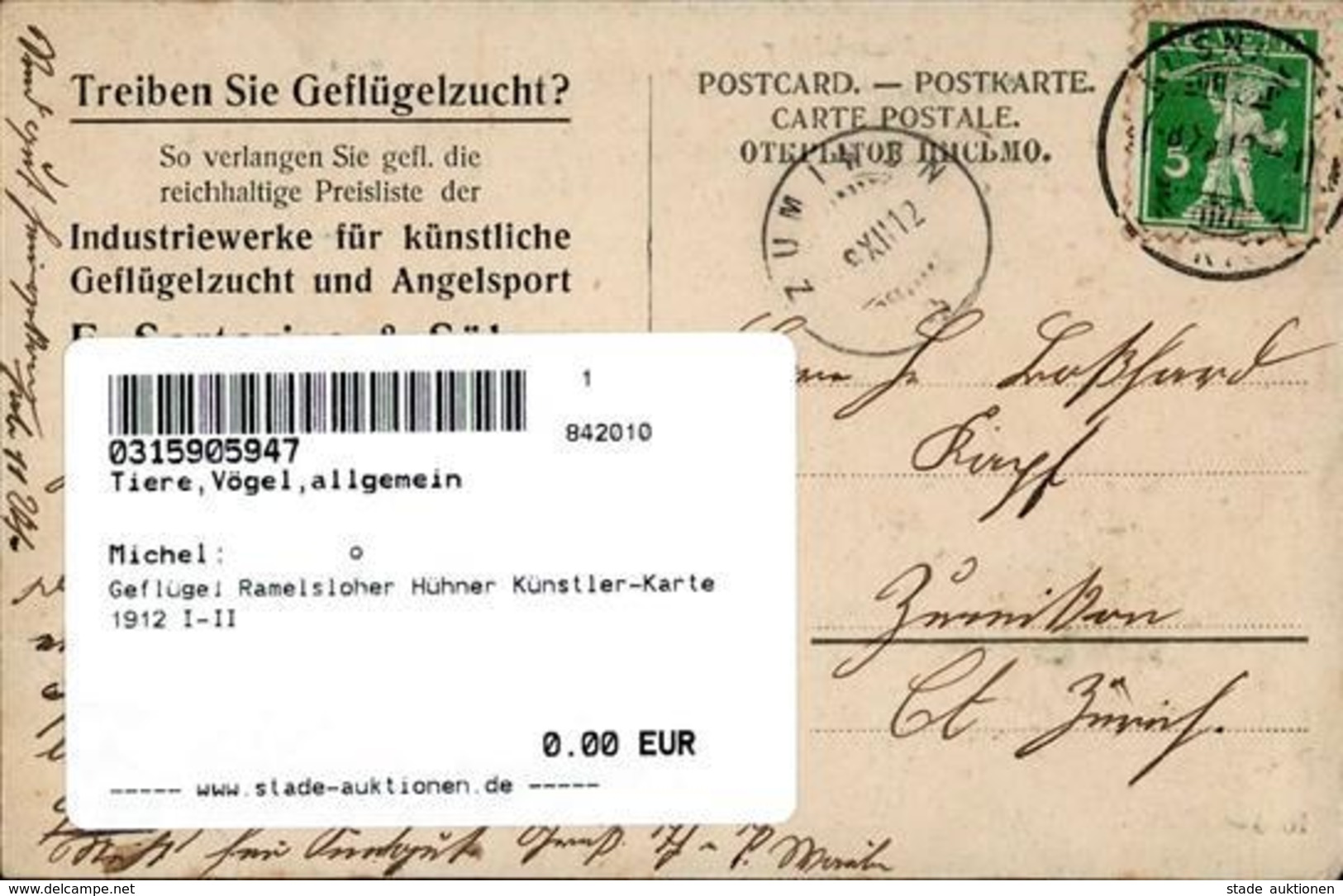 Geflügel Ramelsloher Hühner Künstler-Karte 1912 I-II - Other & Unclassified