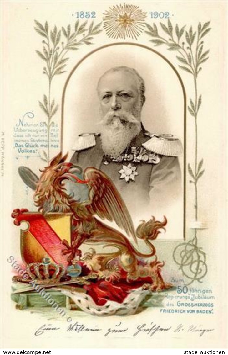Adel Baden, Großherzog Friedrich Von Baden 1852-1902, 50 Jahre Regierungsjubiläum", Voradressiert, Farbige Präge-AK I-" - Geschichte