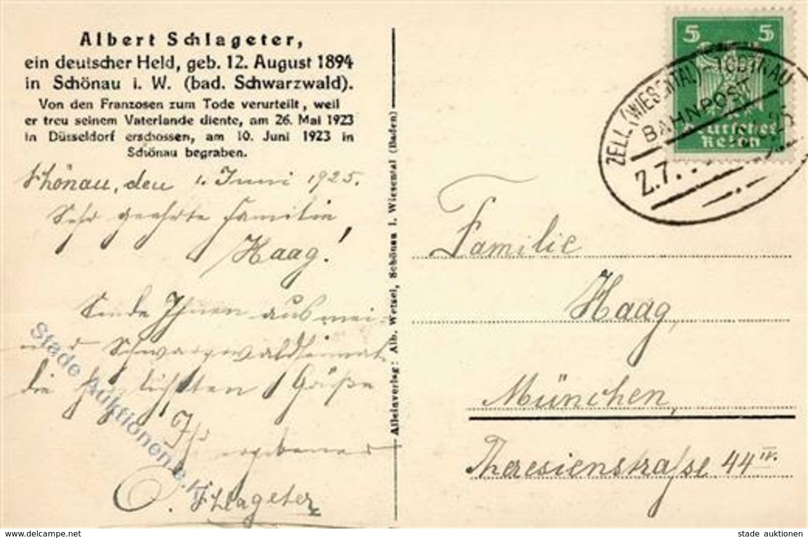Schlageter Senior Autograph 1925 Bahnpost Stpl. Zell (wiesental) Todtnau I-II - Events