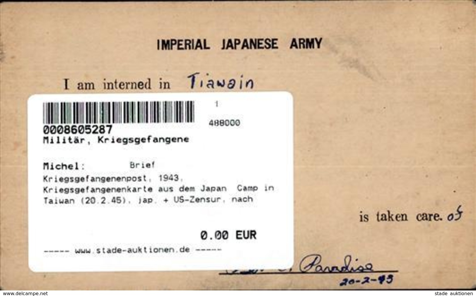 Kriegsgefangenenpost, 1943, Kriegsgefangenenkarte Aus Dem Japan. Camp In Taiwan (20.2.45), Jap. + US-Zensur, Nach Nebras - Other & Unclassified