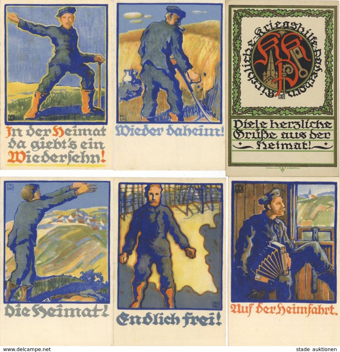 KRIEGSHILFE PADERBORN - Kpl. 6er-Künstlerkarten-Serie (1-6) Sign. Josef Dominicus I-II - Weltkrieg 1914-18